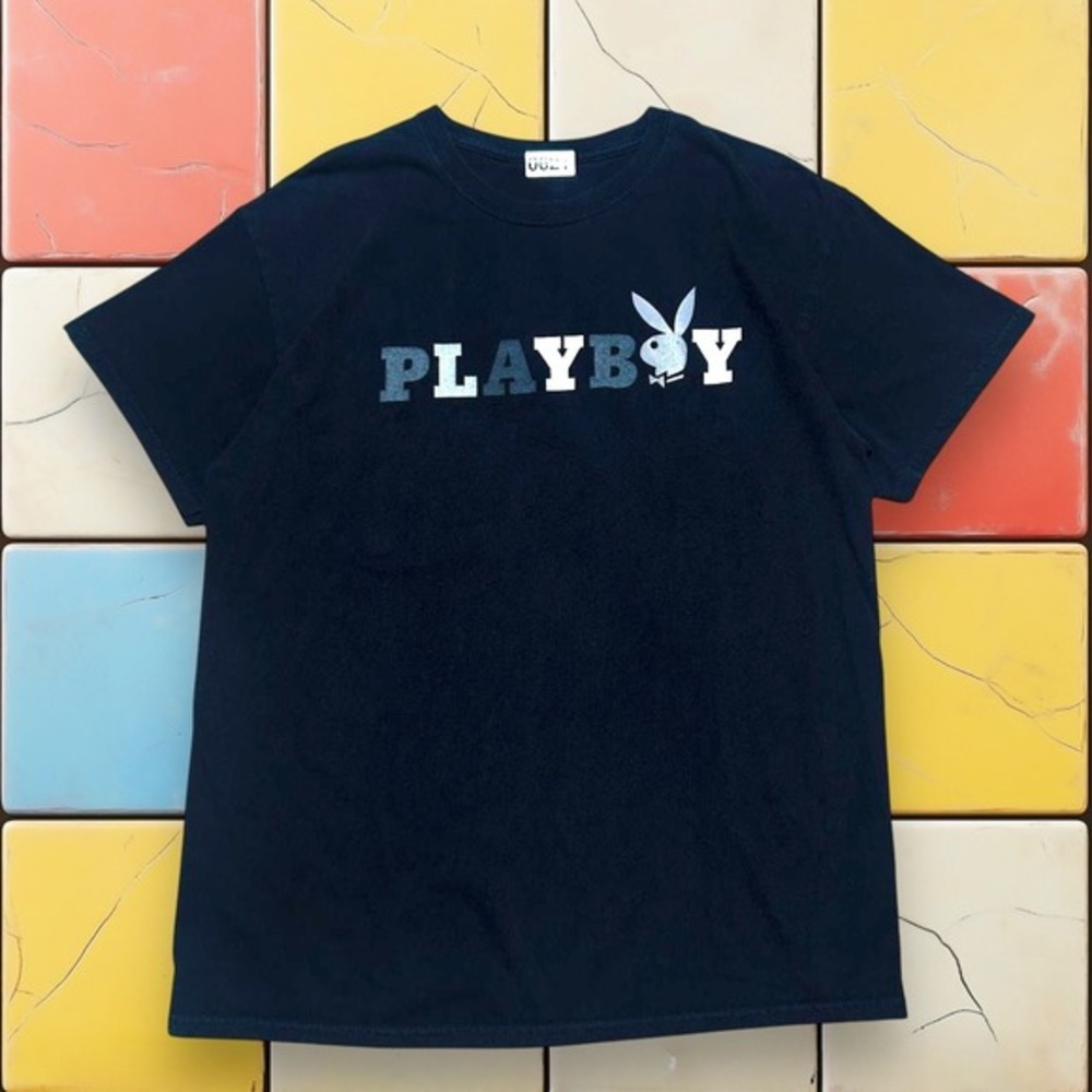 Y2K Playboy Bunny Logo Tee L Black Metallic Graphic Streetwear T-Shirt Men's